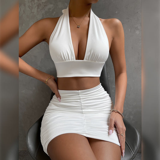 2Pcs Dress Suits for Women Halter Lace-Up Hip Top and Pleated Hip-Covering Skirt